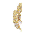 Elegant Gold Feather Leaf Brooch With Pearl And Rhinestone, Luxury Women's Lapel Pin Suit Accessory