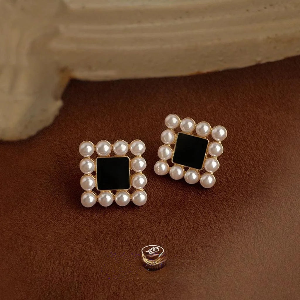 14K Plated Copper Square Geometric Enamel Pearl Stud Earrings