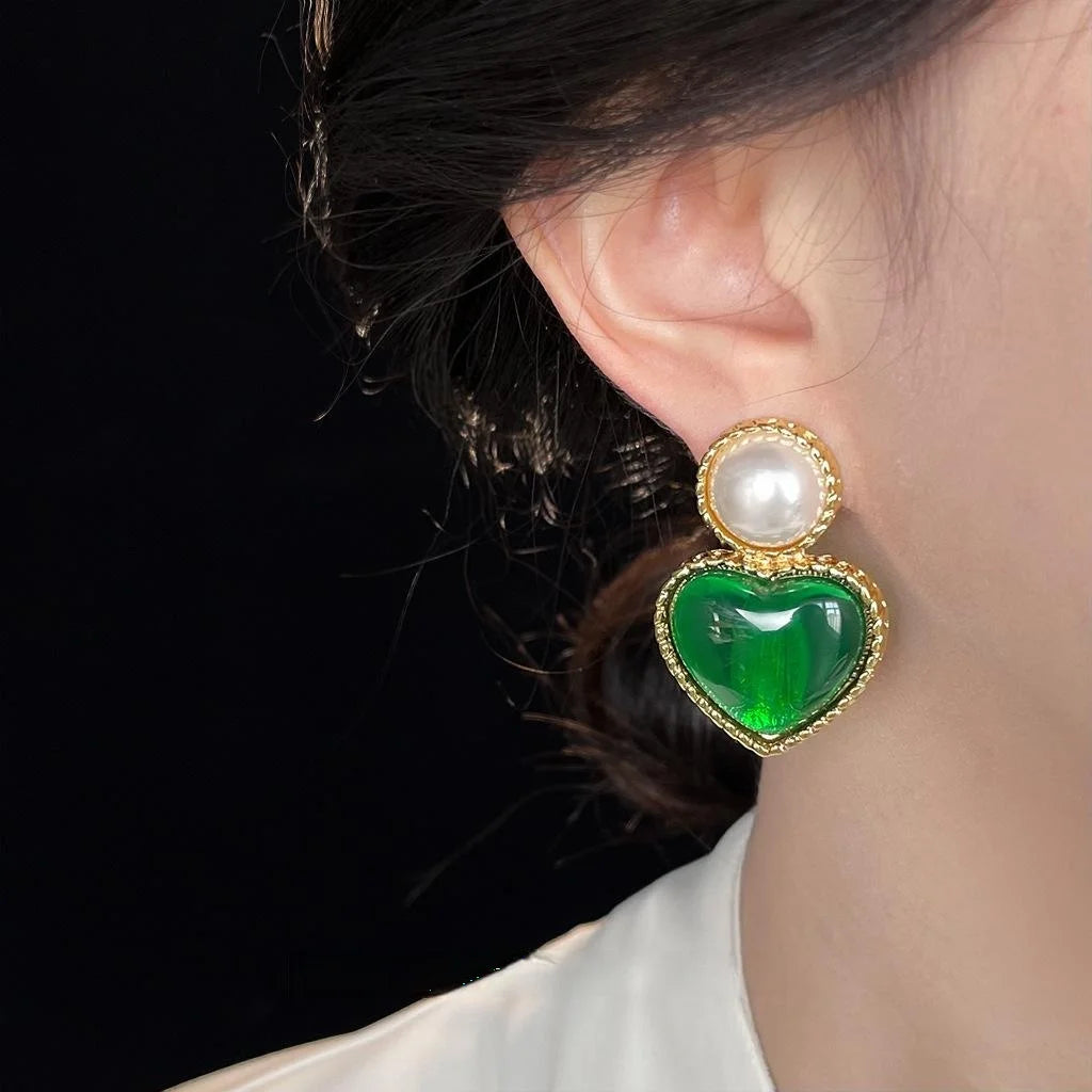 French Vintage Copper Emerald Green Resin Heart Pearl Stud Earrings For Women
