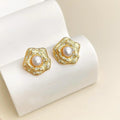Light Luxury Copper Freshwater Pearl Zircon 3D Rose Stud Earrings For Women