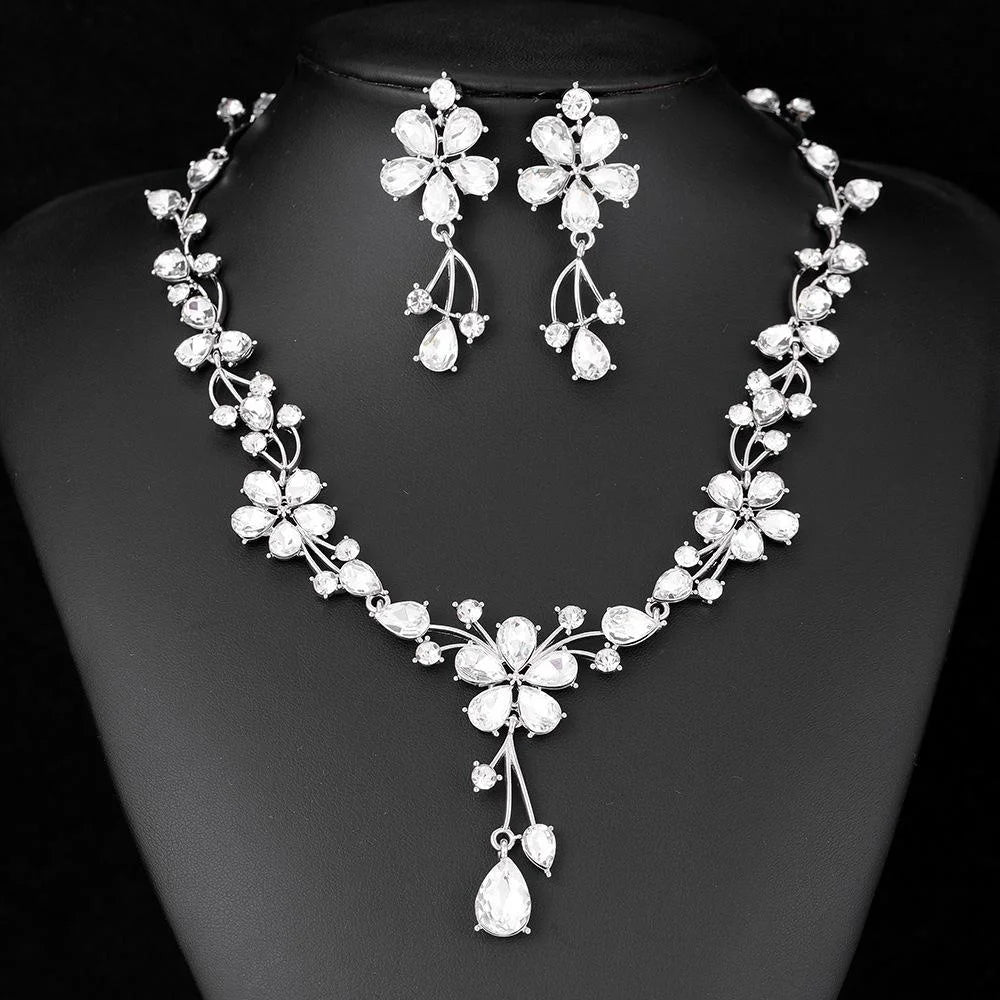Elegant Bridal Crystal Rhinestone Flower Drop Earrings And Necklace Jewelry Set For Wedding Banquet Gift