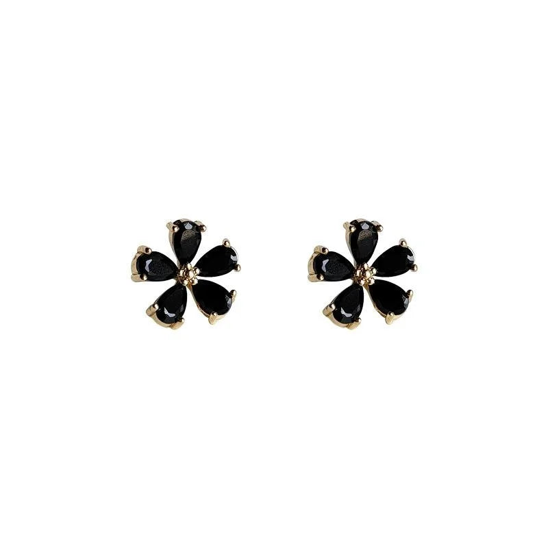 14K Plated Copper Black Flower Micro Pave Zircon Stud Earrings, Elegant Minimalist Ear Jewelry