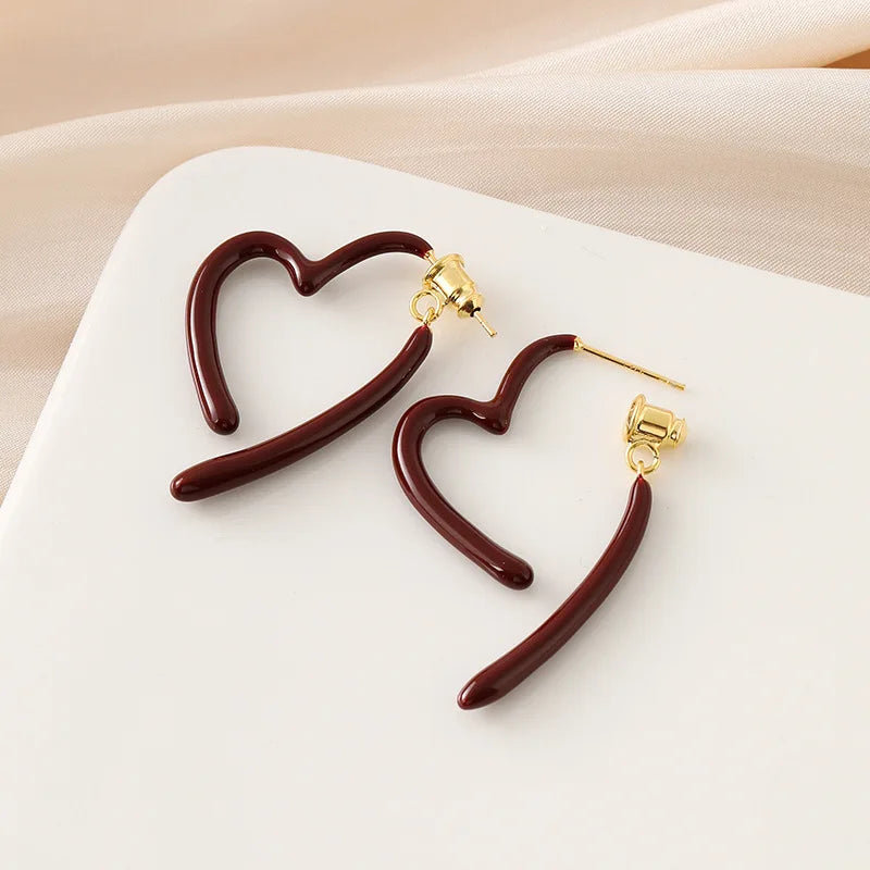 Elegant Burgundy Red Enamel Heart Spiral Hoop Alloy Stud & Clip On No Piercing Statement Drop Earrings