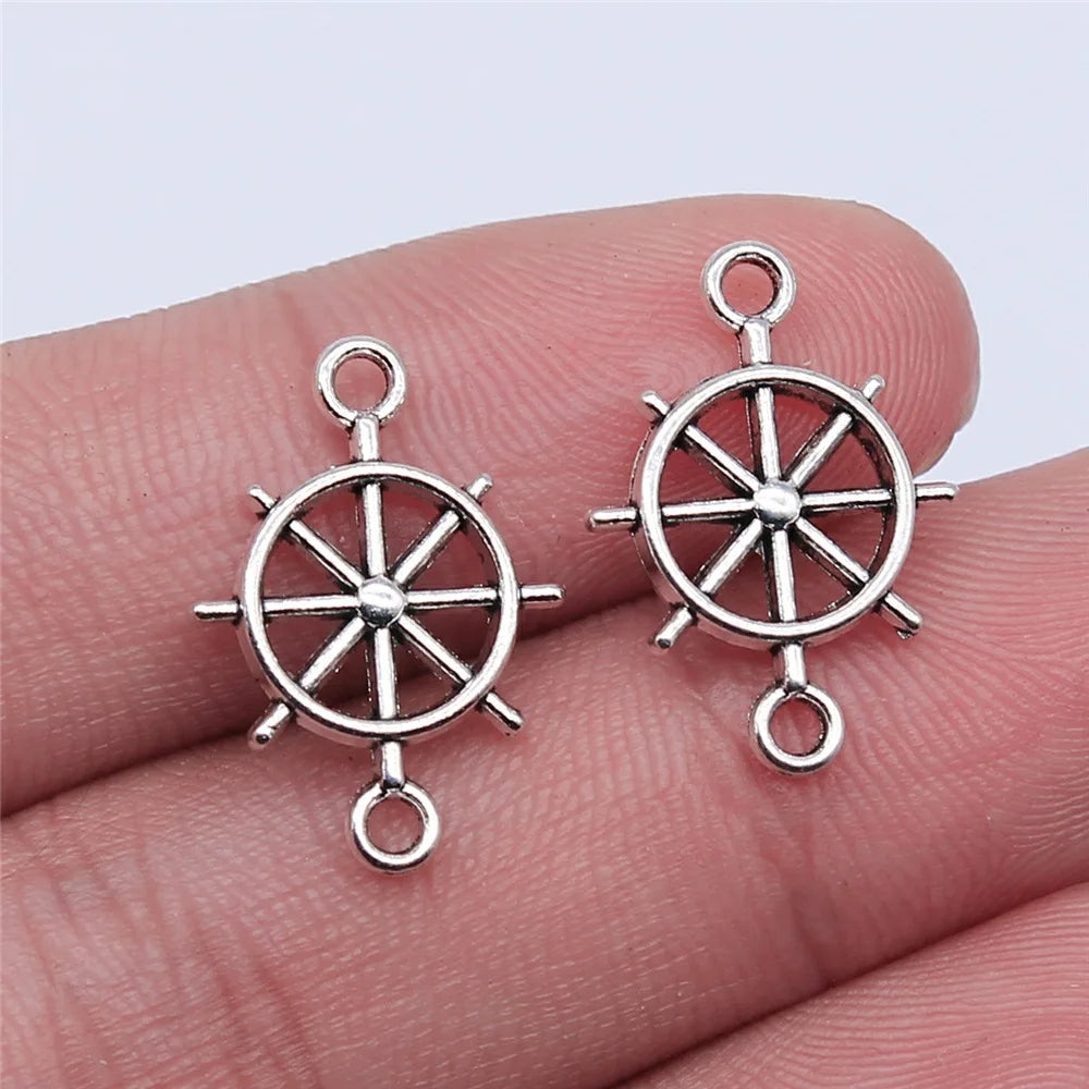 21x15mm 1.1g Antique Silver Zinc Alloy Ship Wheel Connector Charm for DIY Nautical Jewelry Making