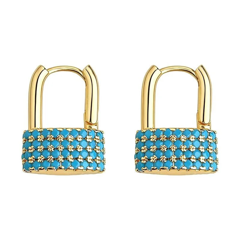 Luxury Style Eco Copper Malachite Full Zircon U Shaped Lock Drop Earrings For Women