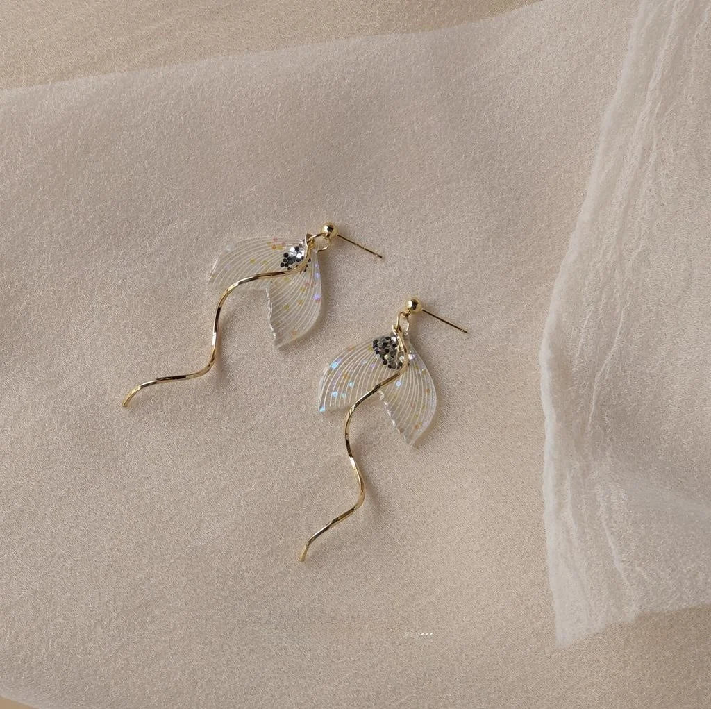 14K Plated Copper Fishtail Stud Earrings For Women Japanese Korean Minimalist Artistic Design