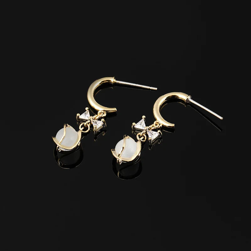 Elegant Cat Eye Stone Spiral Disc Bow Alloy Zircon Stud & Clip On No Piercing Dangle Earrings