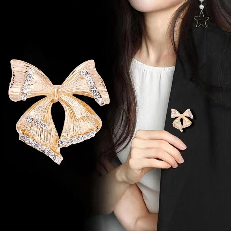 Elegant Silver Alloy Bow Brooch With Sparkling Rhinestones, Women's Lapel Pin Corsage Suit Accessory Gift