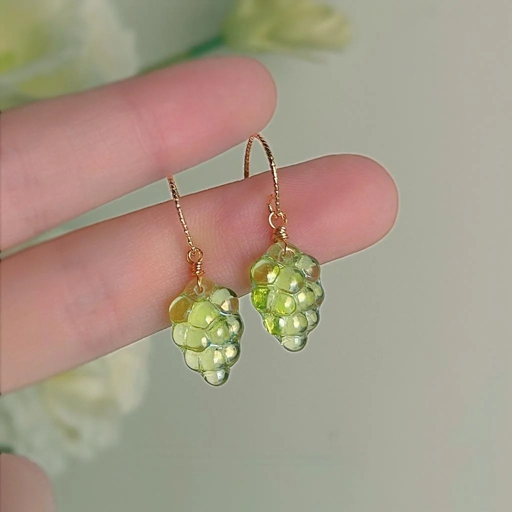 Translucent Czech Glass Grape Drop Earrings Fresh Sweet Green Fruit Forest Style Jewelry