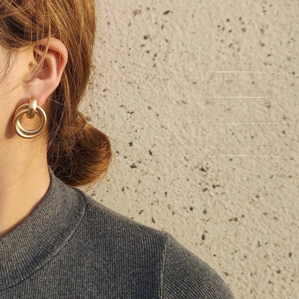 Matte Metal Geometric Rope Knot Drop Earrings, Korean Minimalist Round Jewelry