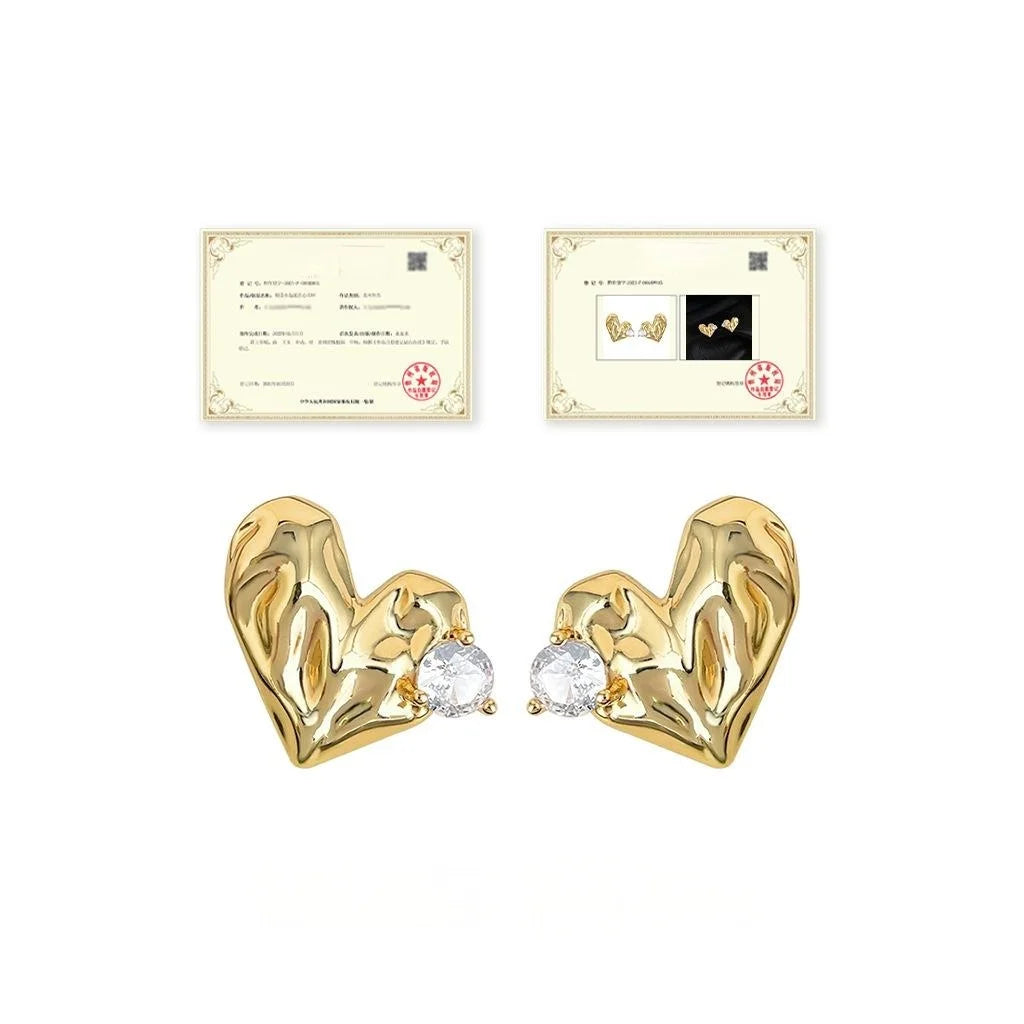 Light Luxury Textured Heart Geometric Micro Pave Zircon Copper Stud Earrings