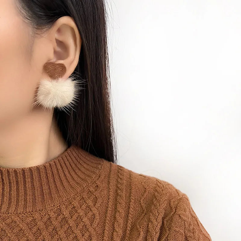 Elegant Soft Plush Heart And Mink Fur Ball Stud & Clip On No Piercing Winter Dangle Earrings