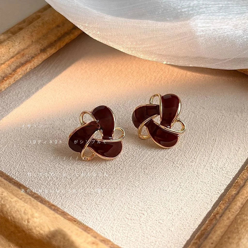 Vintage Wine Red Geometric Triangle Hollow Enamel 14K Plated Copper Stud Earrings