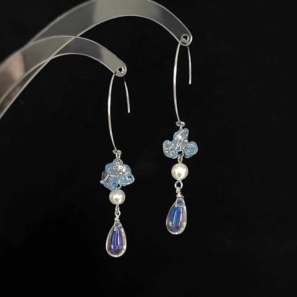 Fresh Summer Vacation Style Glass Crystal Teardrop Tassel Drop Earrings