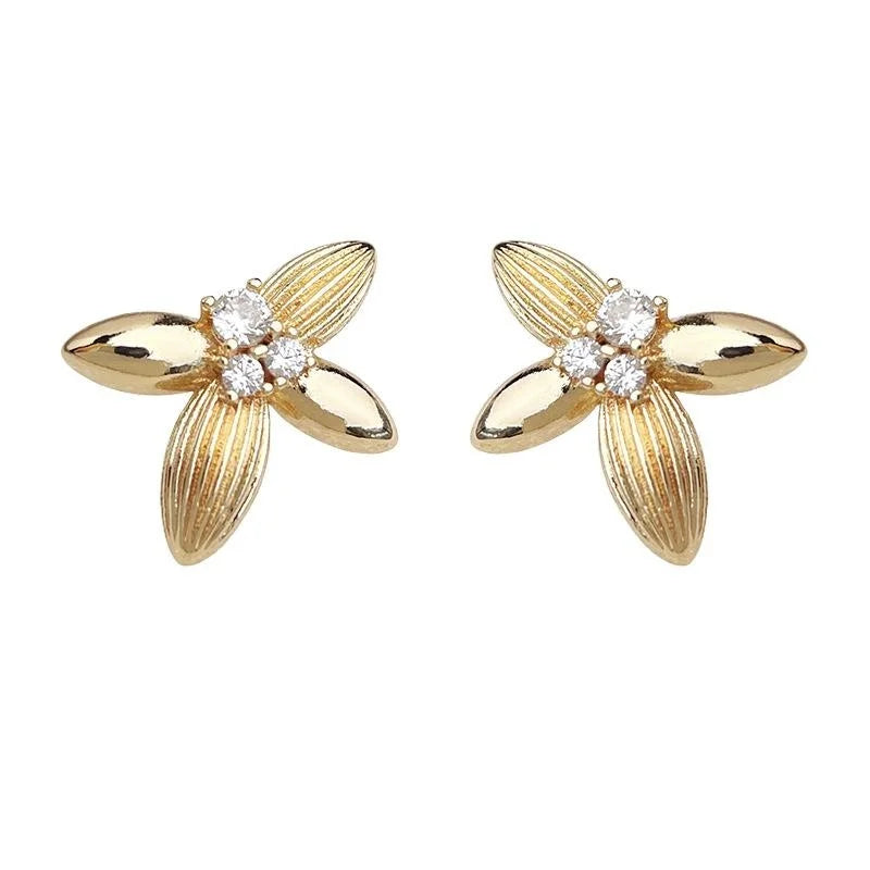 14K Gold Plated Copper Micro Pave Zircon Osmanthus Flower Leaf Stud Earrings High-End Fashion
