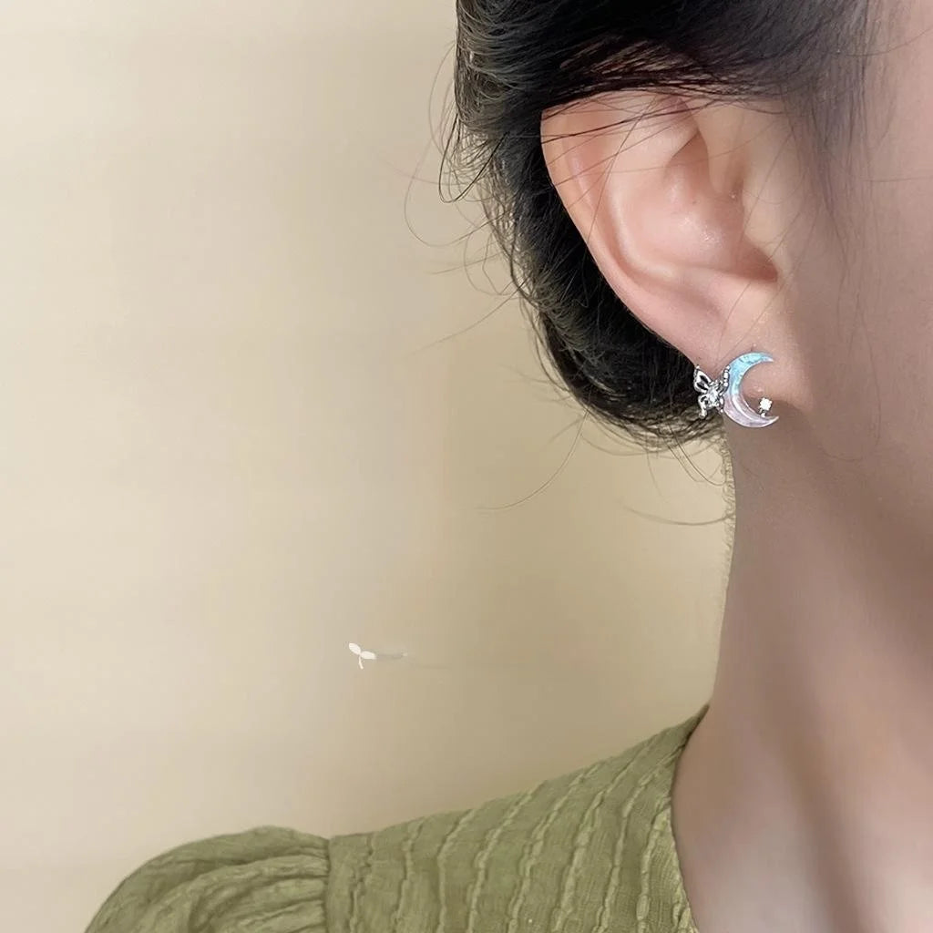 Sweet Cool Copper Moon And Liquid Butterfly Stud Earrings, Niche Designer Trendy Jewelry