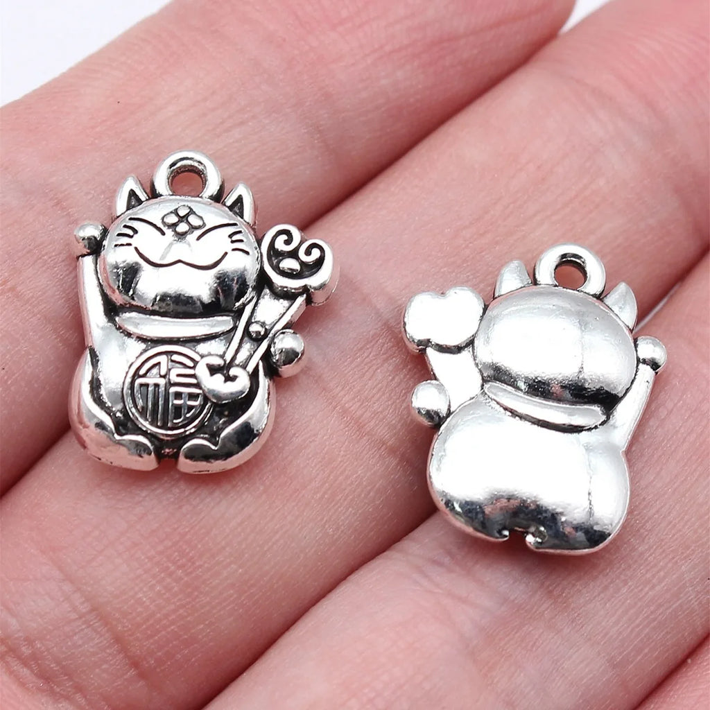19.6x15.8x4.8mm 3.9g Antique Silver Tone Zinc Alloy Lucky Cat Charm Pendant for DIY Vintage Necklace Bracelet