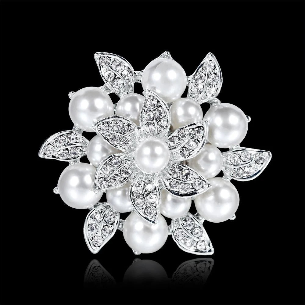 Elegant Pearl Alloy Rhinestone Flower Brooch For Women, Luxury Lapel Pin Corsage Suit Accessory Gift