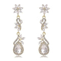 Elegant Rhinestone Crystal Flower Long Tassel Earrings, Silver Alloy Bridal Dangle Jewelry For Wedding Party
