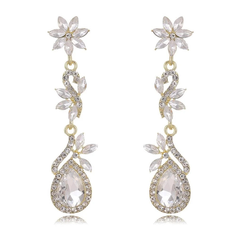 Elegant Rhinestone Crystal Flower Long Tassel Earrings, Silver Alloy Bridal Dangle Jewelry For Wedding Party