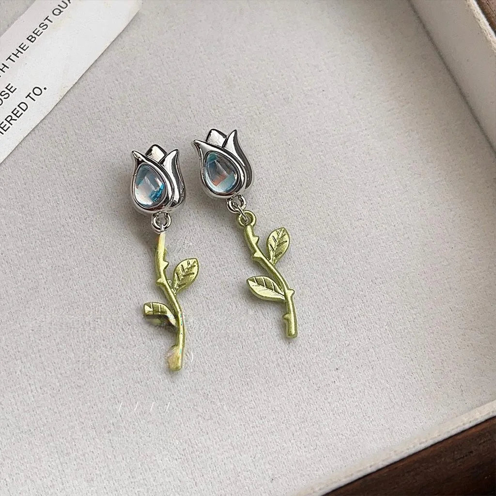 Sweet Cool Copper Tulip Rose Flower Drop Earrings Handmade Futuristic Minimalist Jewelry