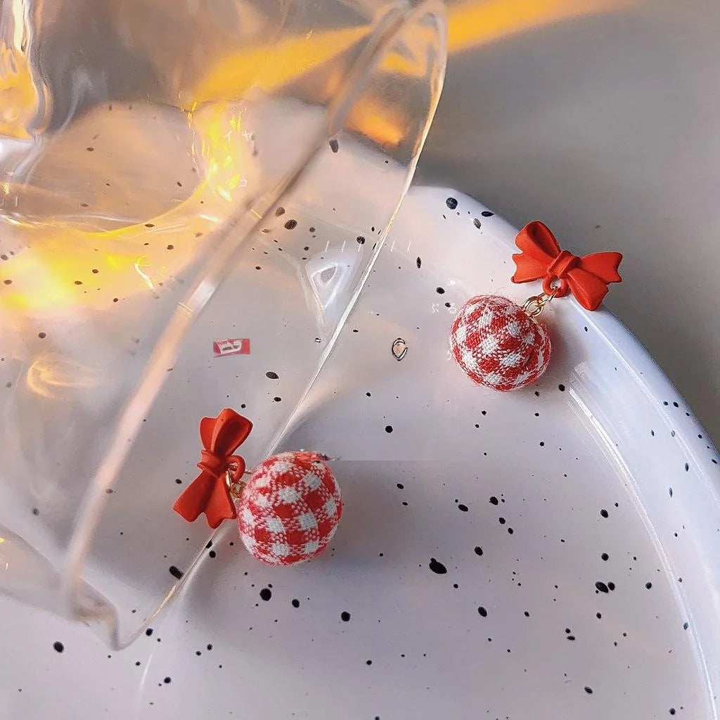 Japanese Korean Sweet Red Bow Plaid Pom Pom Stud Earrings With Silver Plated Pins