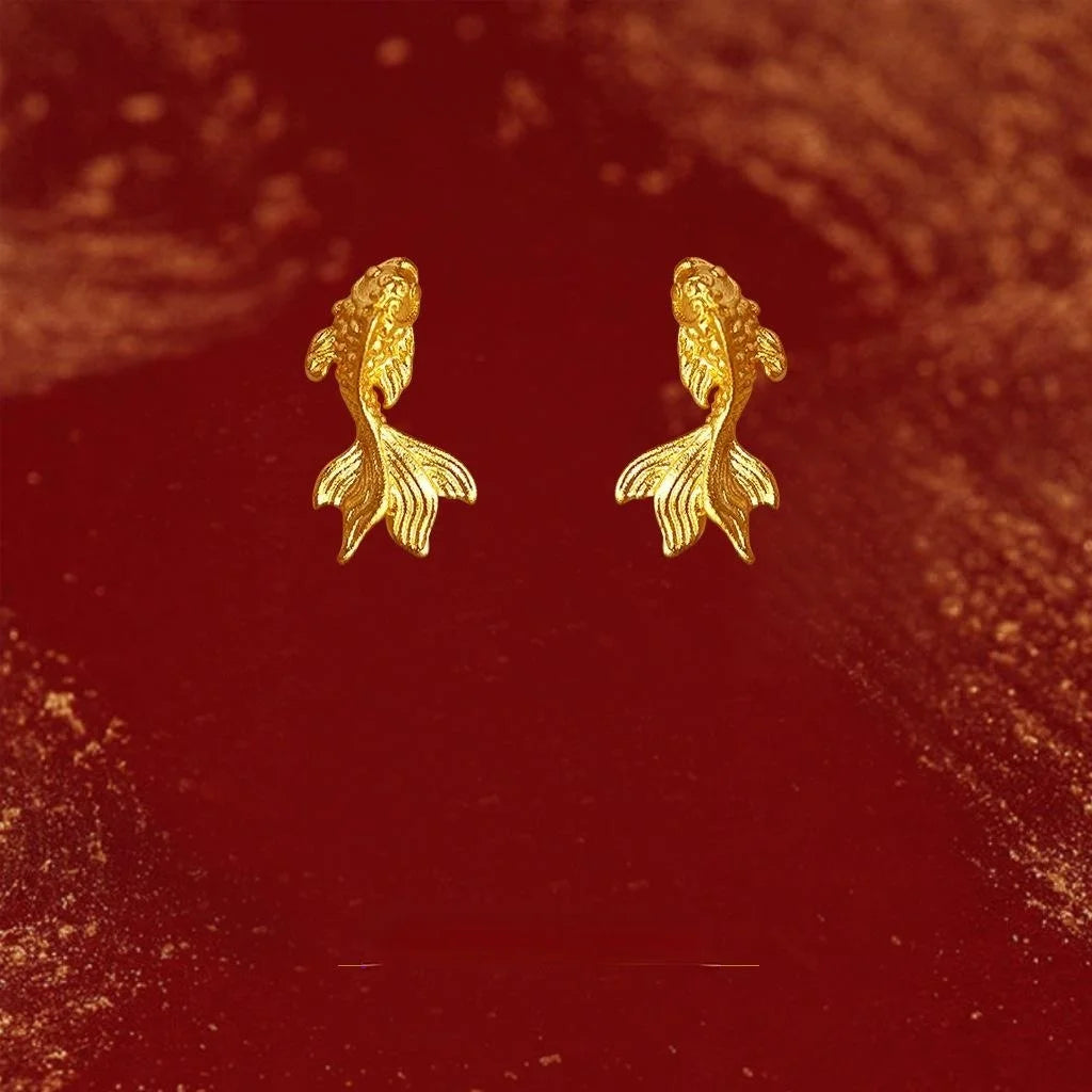New Chinese Matte Electroplated Copper Goldfish Koi Stud Earrings For New Year Jewelry