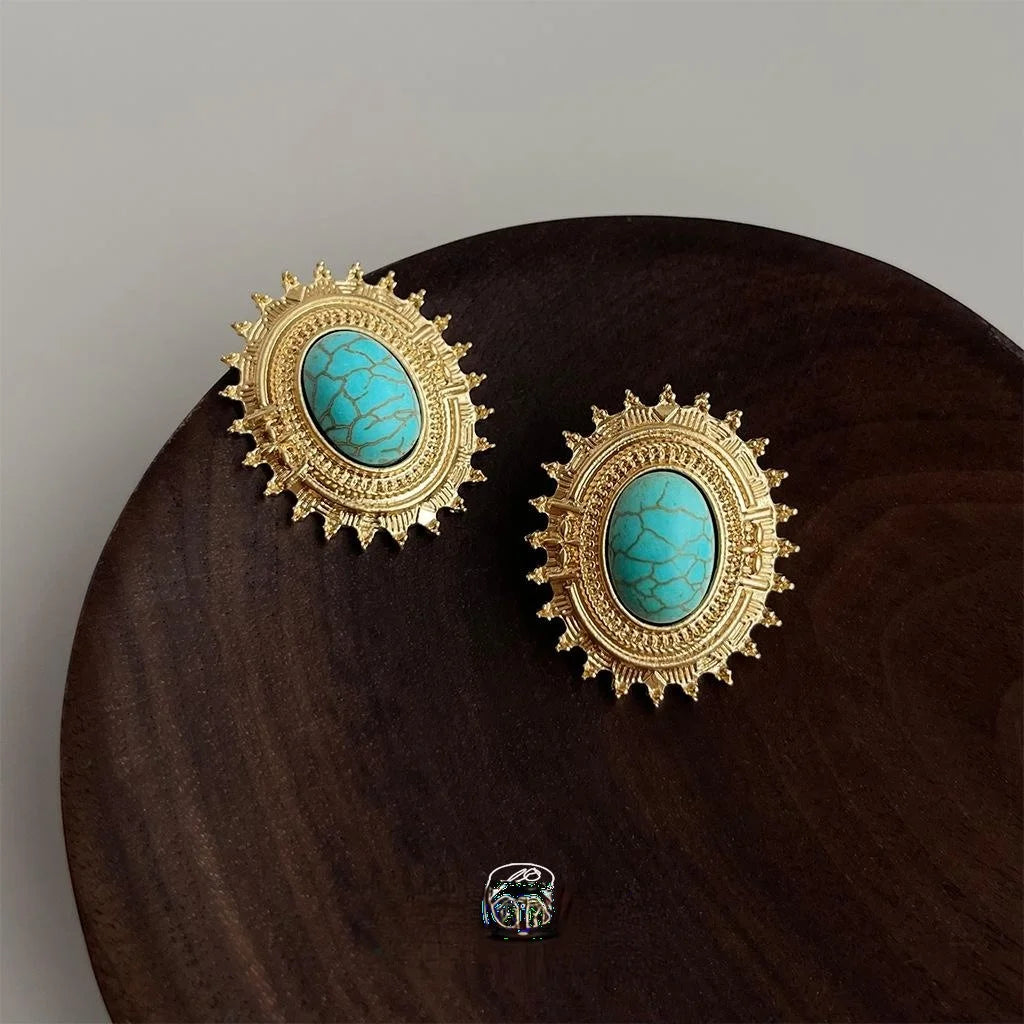 Vintage Oval Synthetic Turquoise Copper Sunflower Court Style Drop Earrings For Women