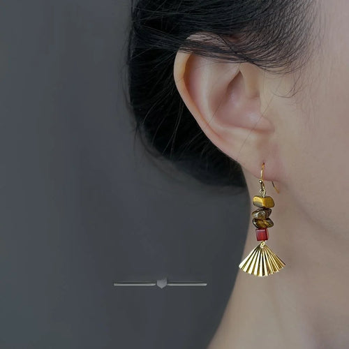Handmade Vintage Chinese Style Tiger Eye Red Agate Copper Fan Tassel Drop Earrings