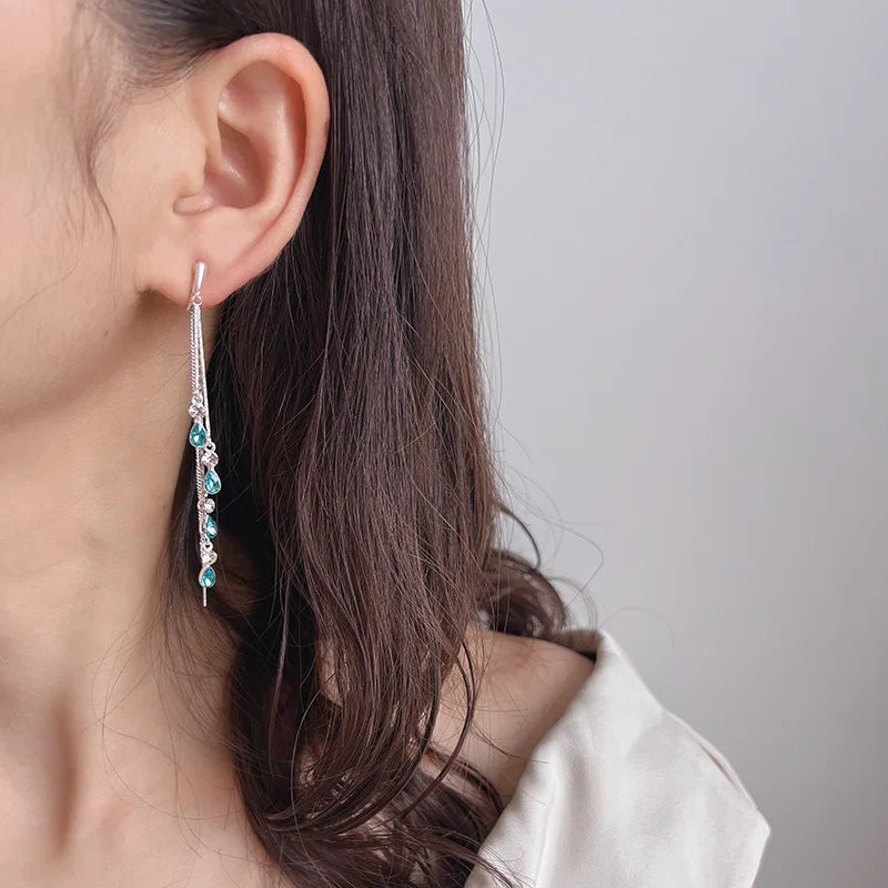Elegant Blue Crystal Water Drop Long Tassel Threader Stud & Clip On No Piercing Alloy Earrings