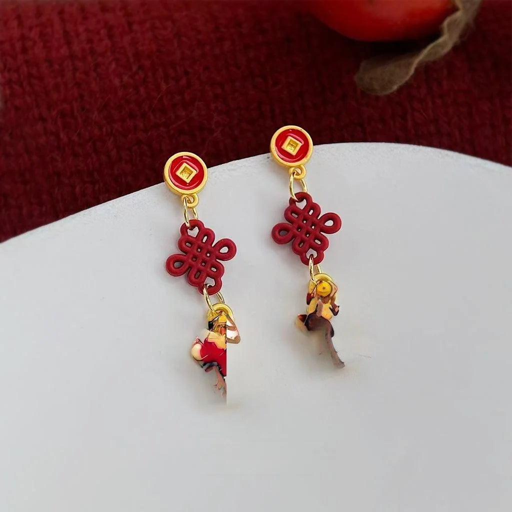 Chinese Style Geometric Copper Enamel Horse Year Knot Drop Earrings