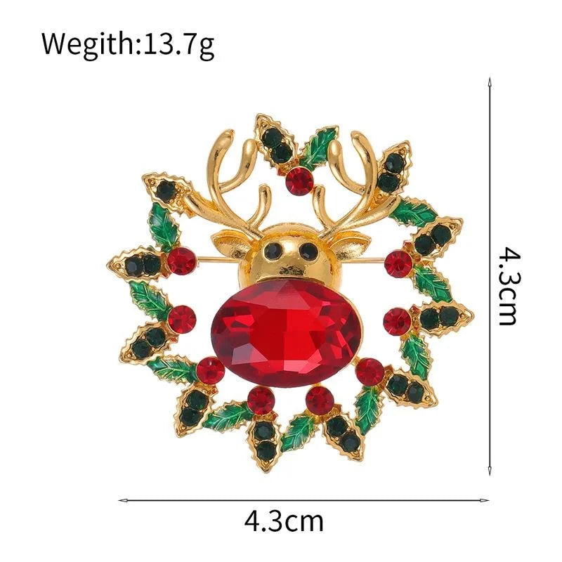 Elegant Christmas Reindeer Head Wreath Brooch With Enamel Holly And Rhinestones, Festive Lapel Pin Gift