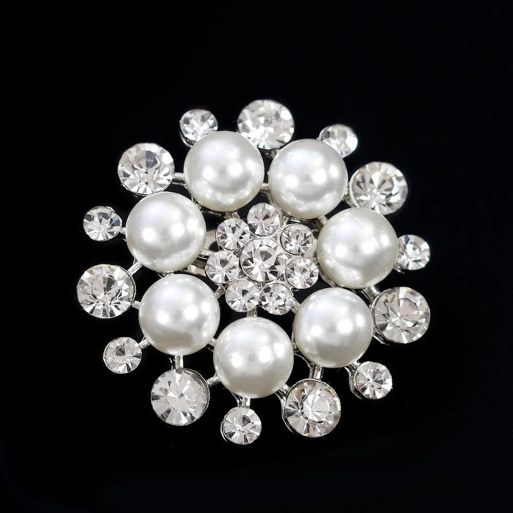 Elegant Pearl And Rhinestone Flower Brooch, Silver Alloy Lapel Pin Corsage For Shirt Suit Accessory