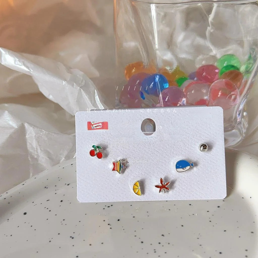 6-Piece Mini Enamel Cherry Stud Earrings, Silver-Plated Copper Cute Fruit Jewelry