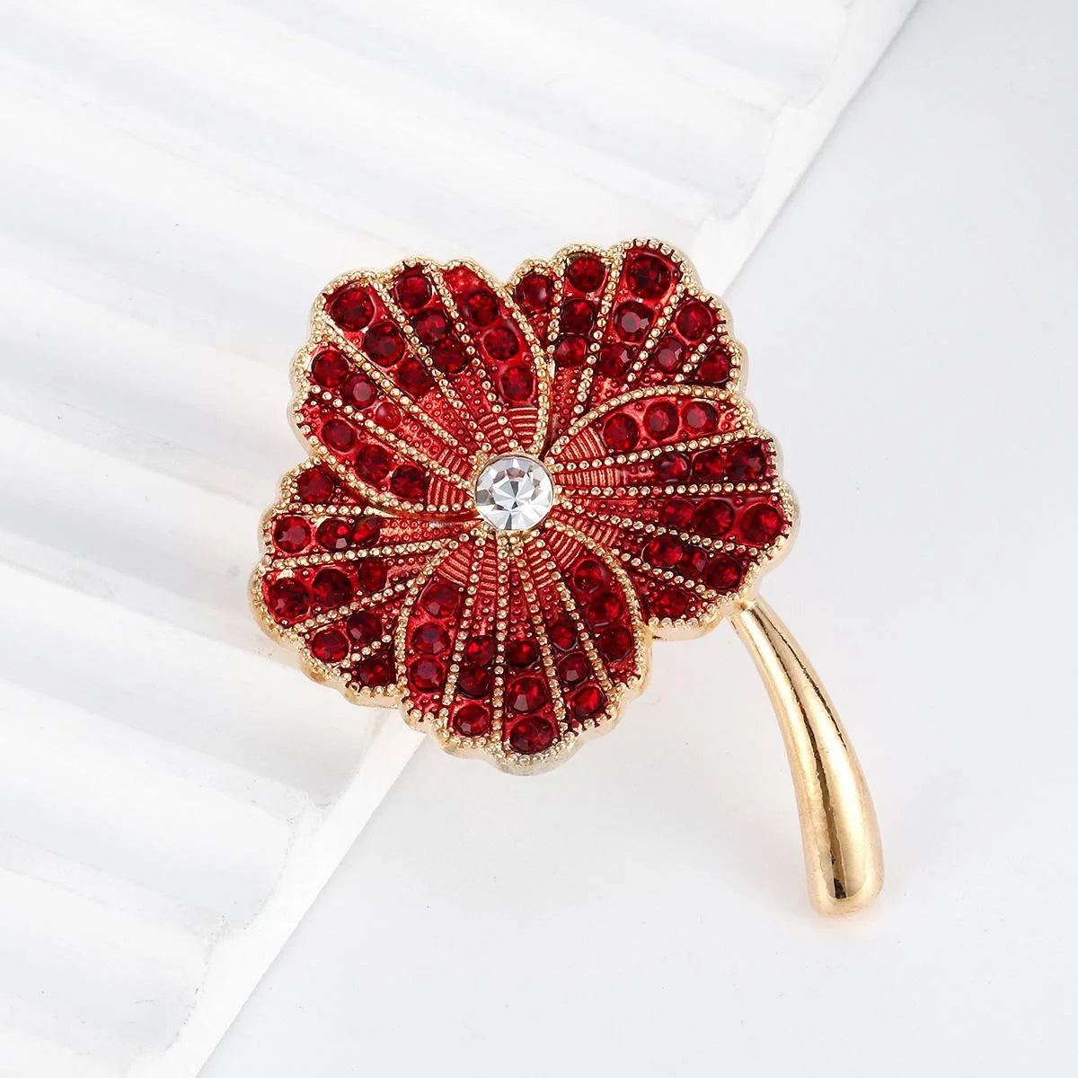 Luxury Red Poppy Flower Brooch With Rhinestone And Enamel, Gold Alloy Lapel Pin Corsage Gift