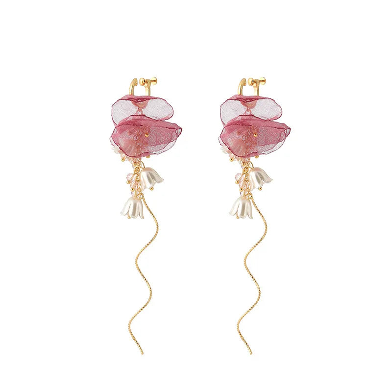 Elegant Pink Flower Pearl Tassel Stud & Clip On No Piercing Long Chain Wind Chime Earrings