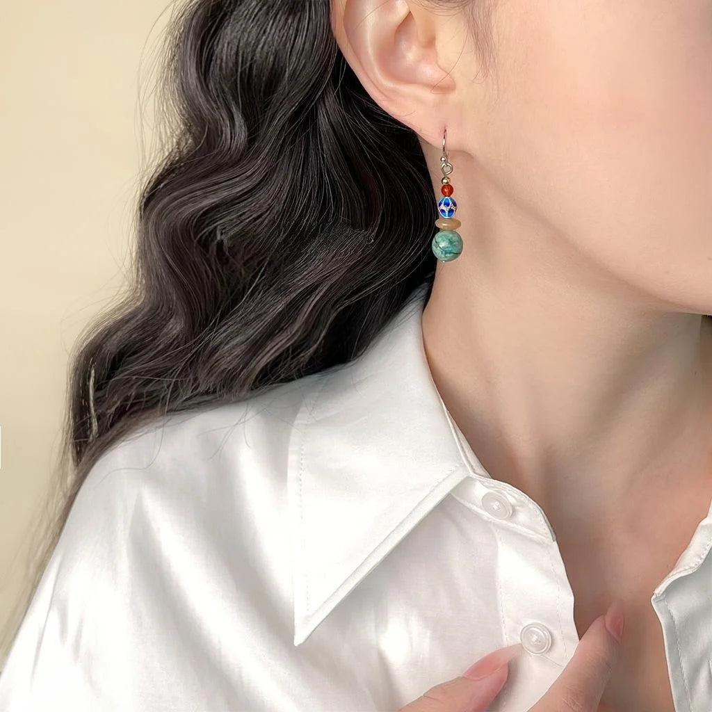 Vintage Ethnic Handmade Enamel Drop Earrings With Red Agate Hubei Turquoise And Chalcedony