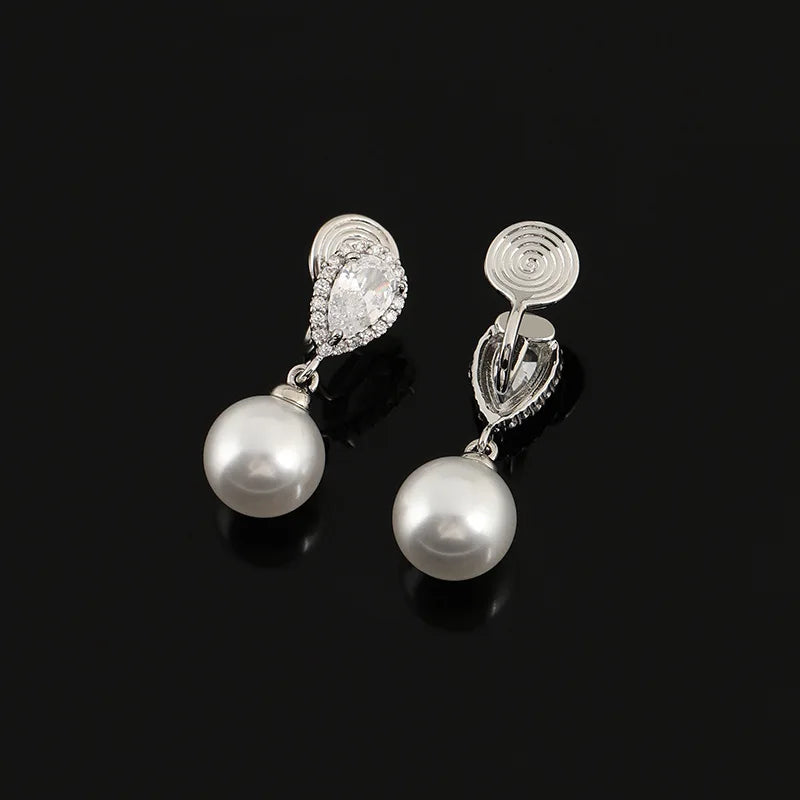 Elegant Teardrop Zircon Halo Pearl Drop Alloy Stud & Clip On No Piercing Luxury Dangle Earrings