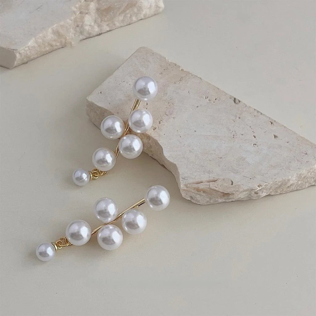 French Vintage High Gloss Pearl Tassel Stud Earrings, Two-Way Long Grape Cluster Design