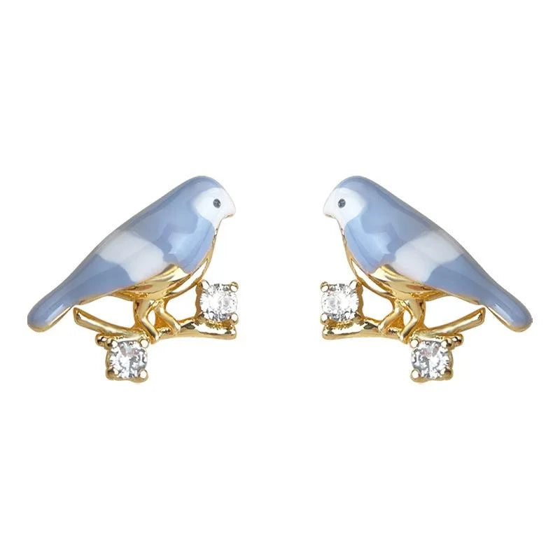 Copper Enamel Painted Bird Stud Earrings With Micro Pave Zircon, Forest Style Silver Plated Pins