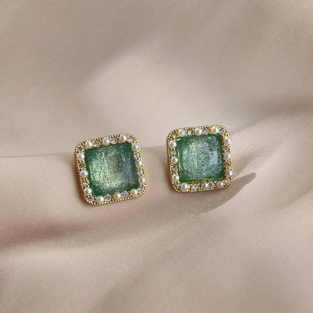 14K Plated Copper Geometric Starry Blue Pearl Zircon Stud Earrings For Women