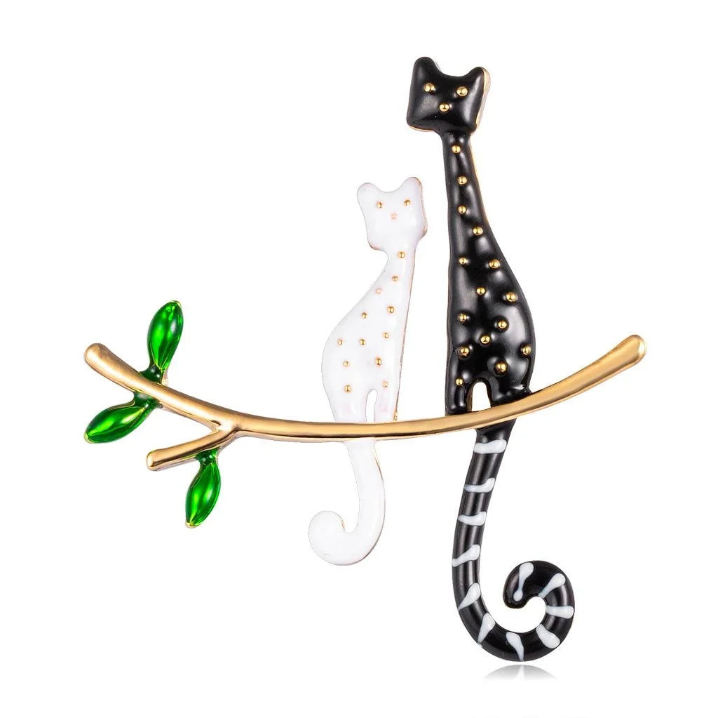 Cute Enamel Two Cats On Golden Branch Brooch For Women, Elegant Animal Lapel Pin Corsage Gift