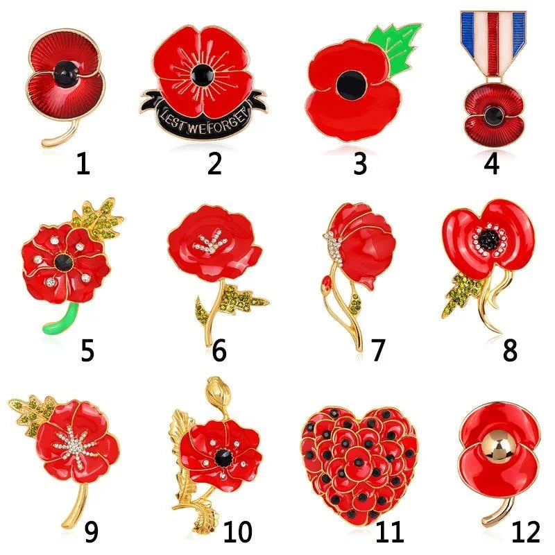 Elegant Red Enamel Poppy Brooch With Rhinestone Accents, Alloy Lapel Pin Corsage Suit Accessory Gift