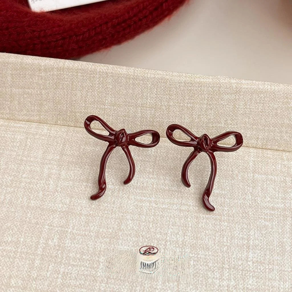 Burgundy Enamel Bow Drop Earrings Copper Fashion OL Jewelry
