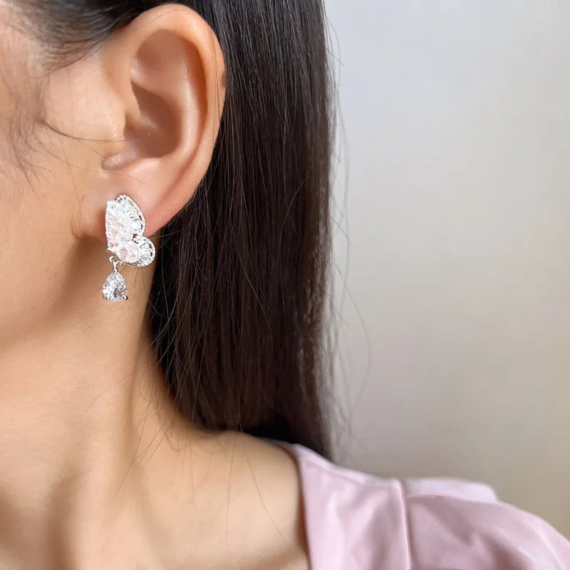Luxury Double Layer Pink Butterfly Crystal Rhinestone Drop Stud & Clip On No Piercing Earrings