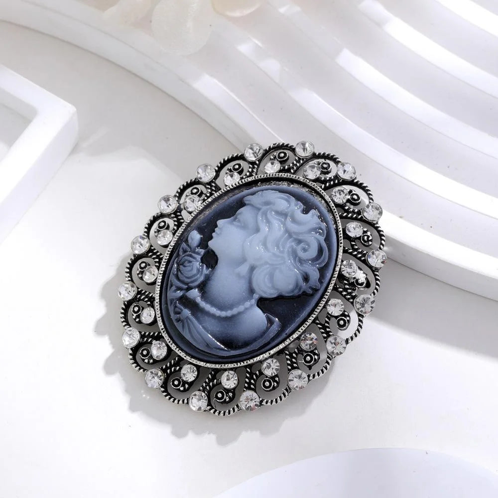 Vintage Victorian Queen Cameo Brooch With Rhinestone Alloy Filigree Frame, Elegant Lapel Pin Suit Accessory