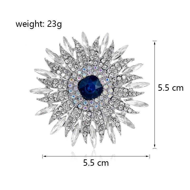 Luxury Rhinestone Sunflower Brooch With Blue Crystal Center, Elegant Floral Lapel Pin Corsage Gift