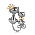 Cute Double Cat Alloy Brooch With Rhinestone Crown, Elegant Cartoon Lapel Pin Corsage Suit Accessory Gift