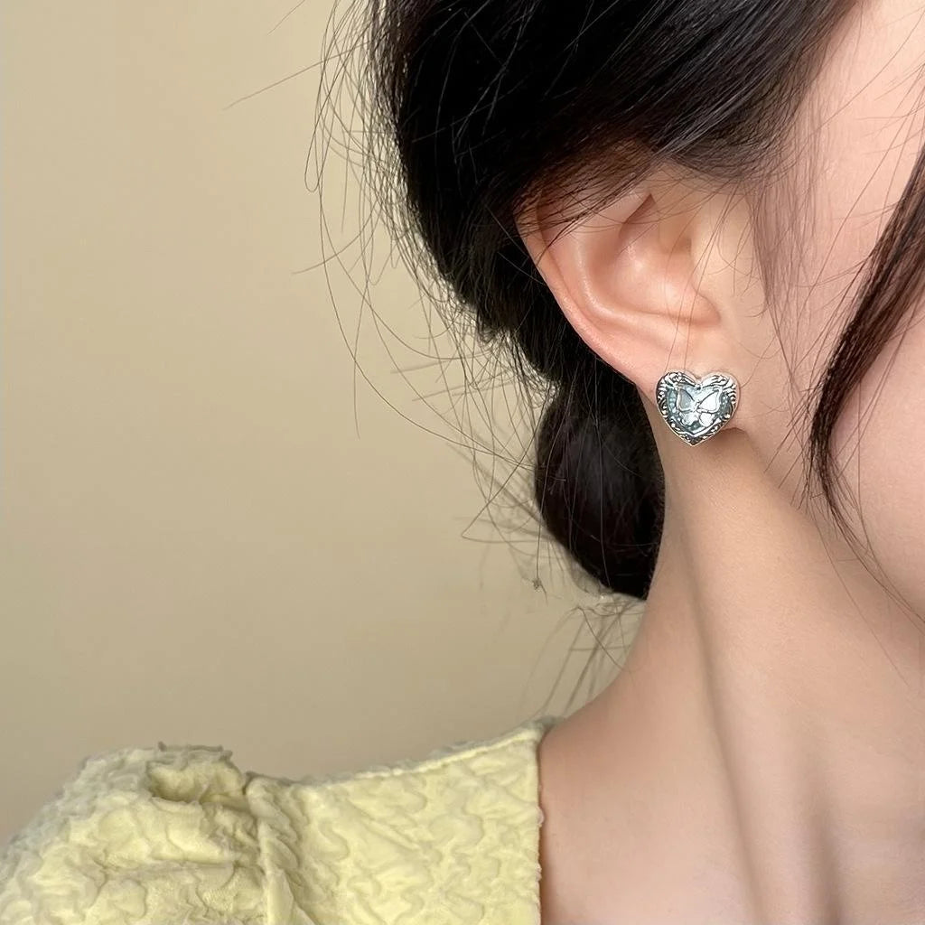 Elegant Blue Heart Butterfly Copper Stud Earrings With Silver Plated Posts