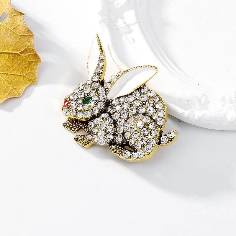 Cute Rhinestone Rabbit Brooch With Enamel Ears, Gold Alloy Animal Lapel Pin Corsage Suit Accessory Gift